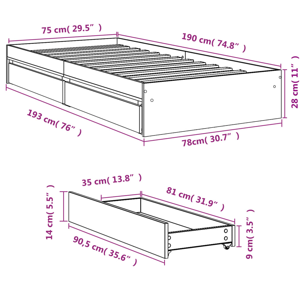 Bed Frame with Drawers without Mattress Brown Oak 75x190 cm Small Single