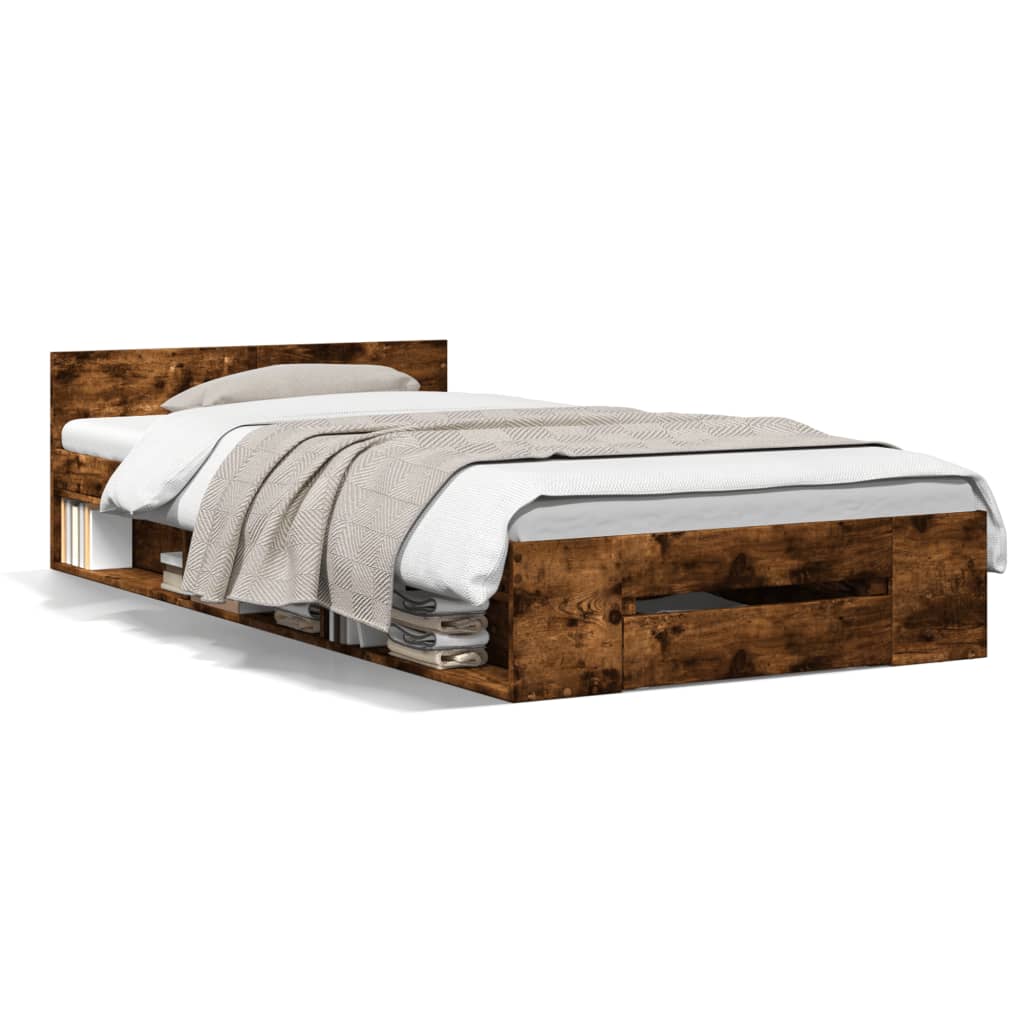 Bed Frame with Drawer without Mattress Smoked Oak 90x200 cm