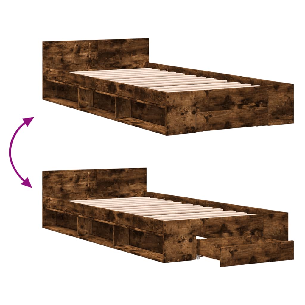 Bed Frame with Drawer without Mattress Smoked Oak 90x200 cm