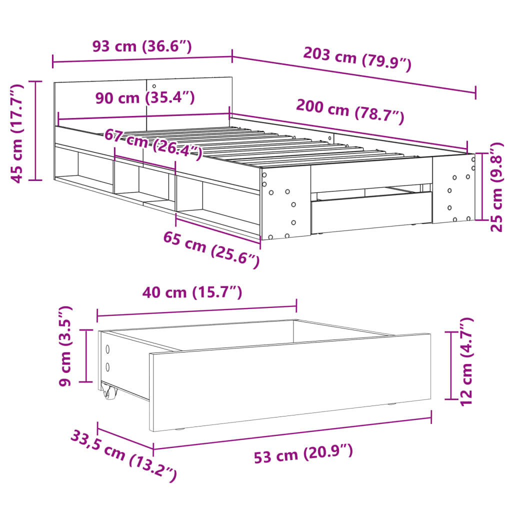 Bed Frame with Drawer without Mattress Smoked Oak 90x200 cm