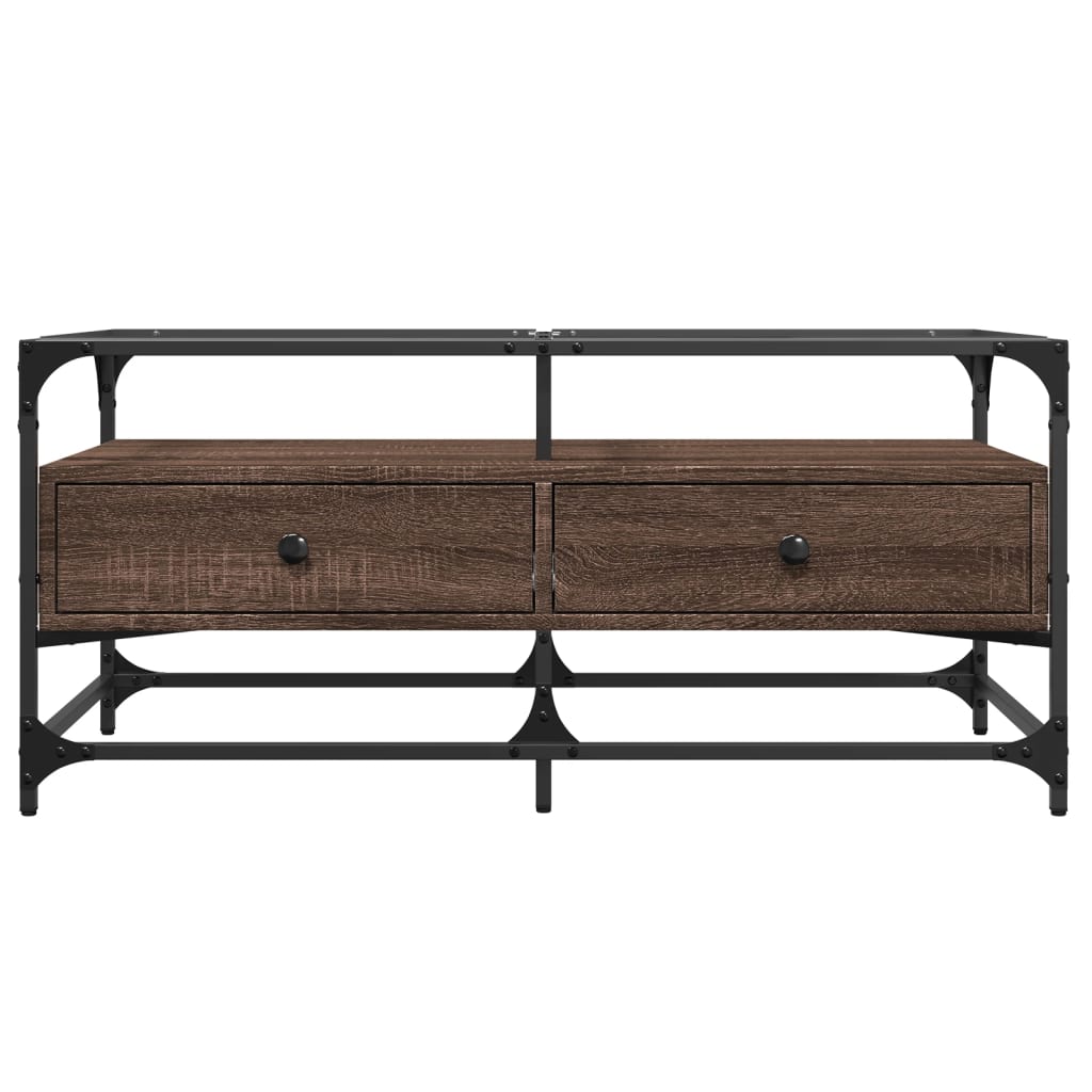 Coffee Table with Glass Top Brown Oak 98.5x50x45 cm Steel