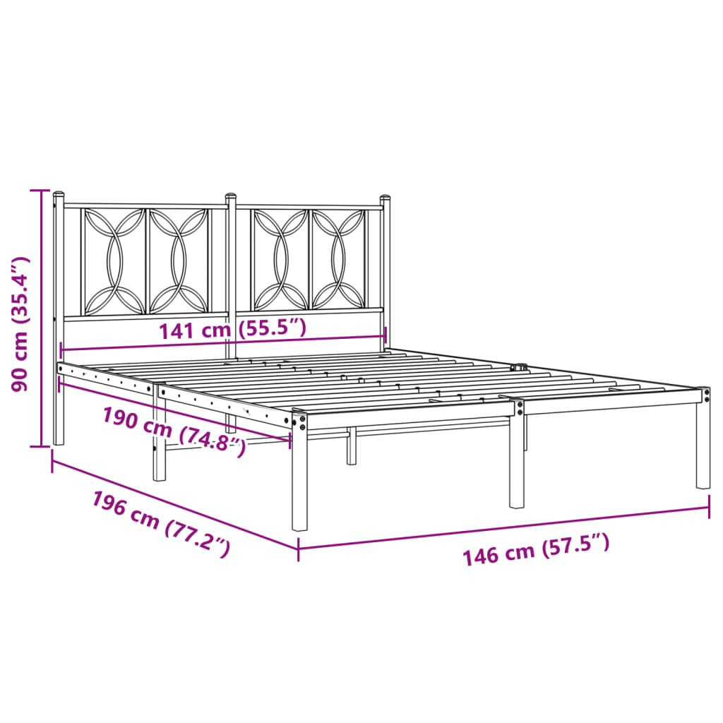 Metal Bed Frame without Mattress with Headboard Black 140x190cm