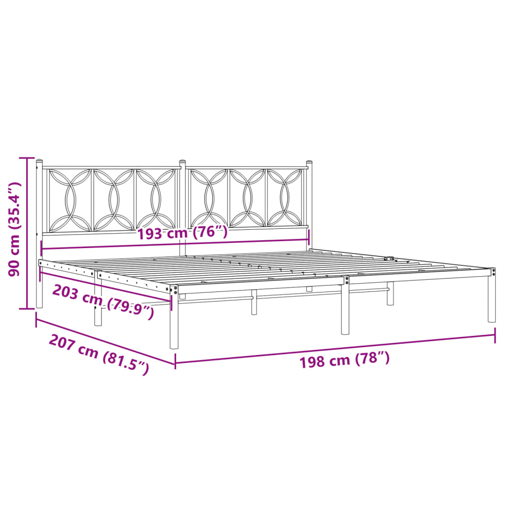 Metal Bed Frame without Mattress with Headboard Black 193x203cm