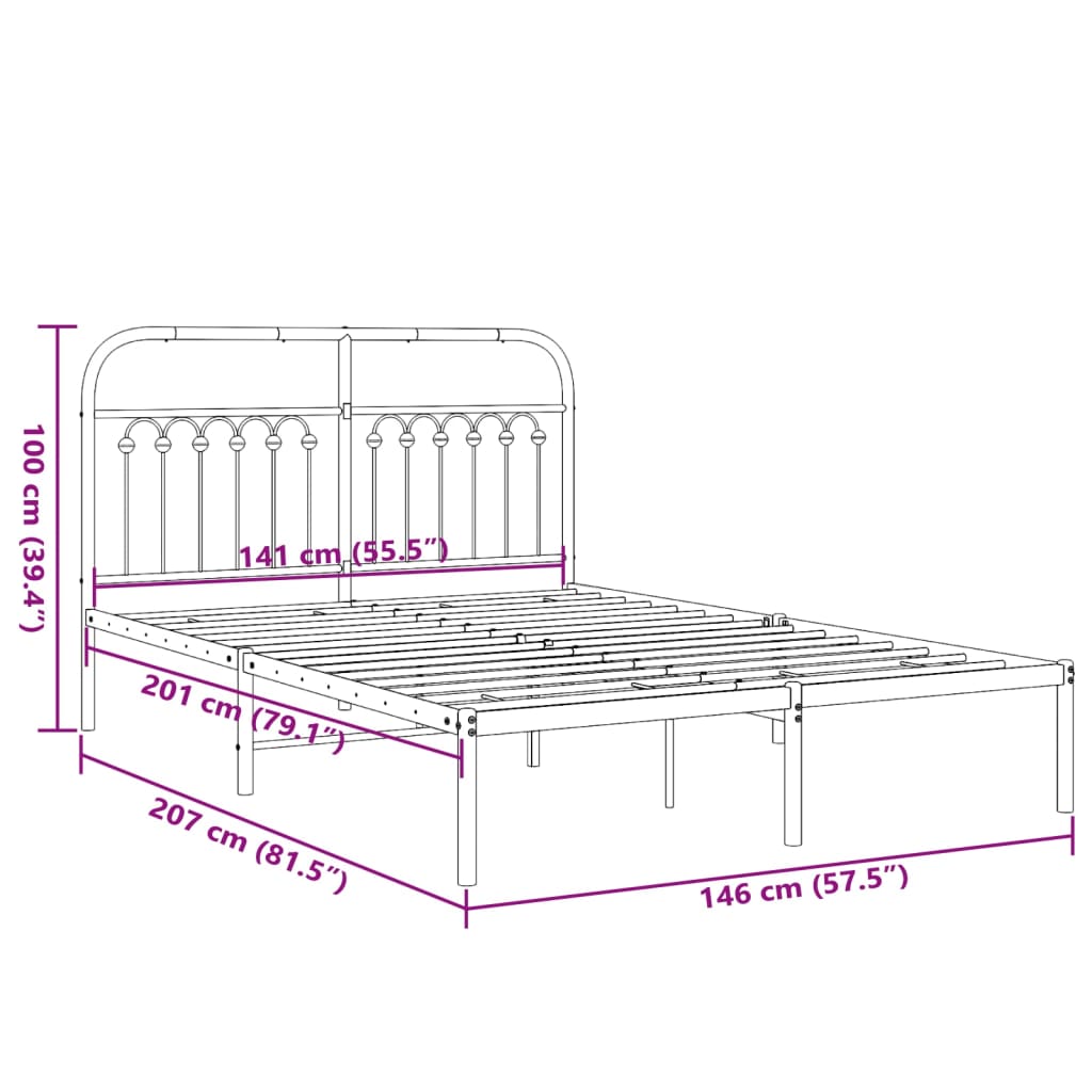 Metal Bed Frame without Mattress with Headboard Black 140x200cm