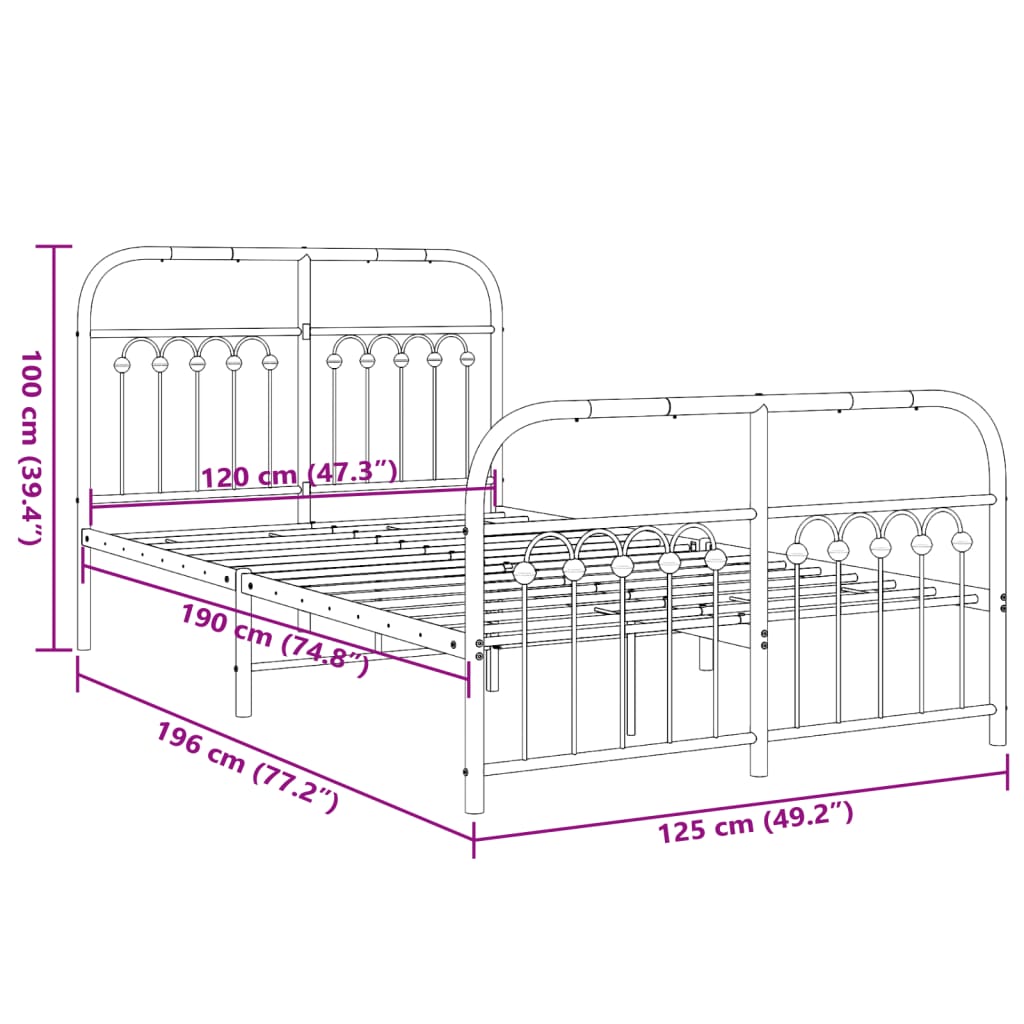 Metal Bed Frame without Mattress with Footboard Black 120x190cm