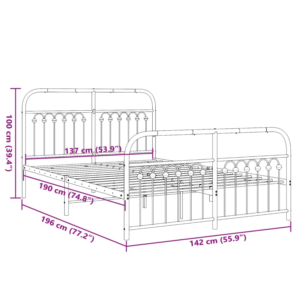 Metal Bed Frame without Mattress with Footboard Black 137x190cm