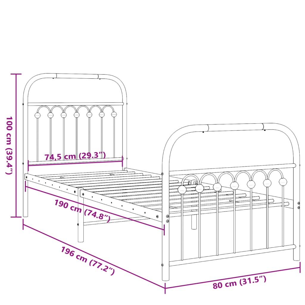 Metal Bed Frame without Mattress with Footboard White 75x190cm