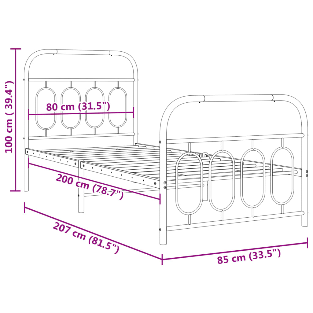 Metal Bed Frame without Mattress with Footboard Black 80x200cm