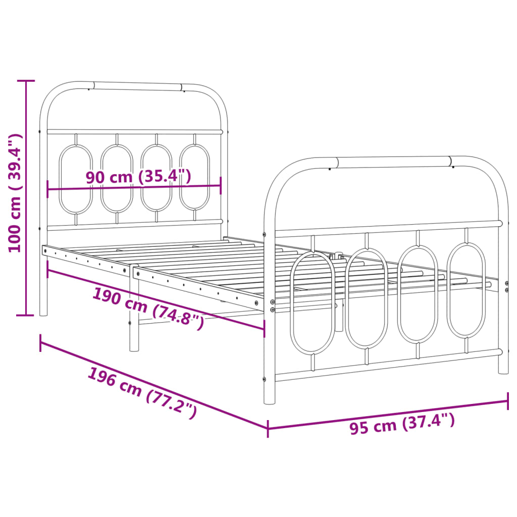 Metal Bed Frame without Mattress with Footboard Black 90x190cm