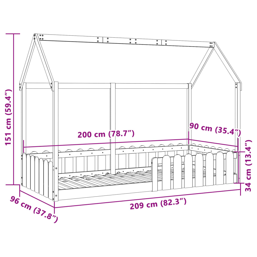 Kids' House Bed Frame without Mattress 90x200 cm Solid Wood Pine