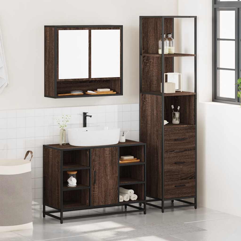 3 Piece Bathroom Furniture Set Brown Oak Engineered Wood