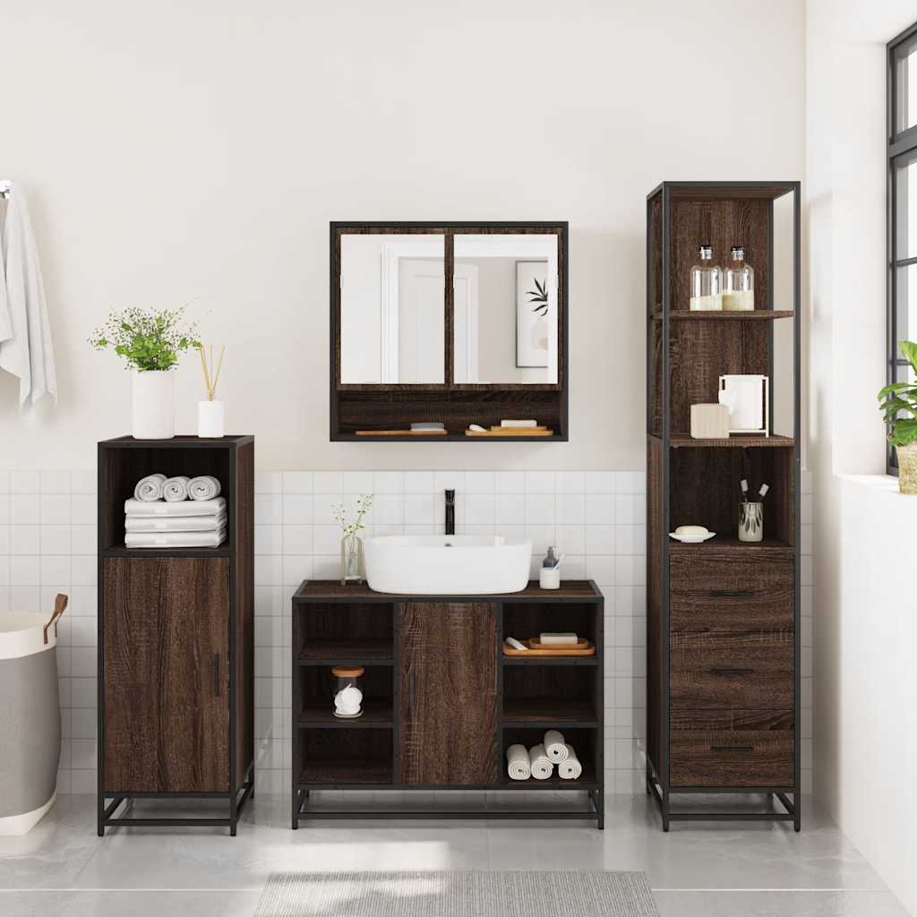 3 Piece Bathroom Furniture Set Brown Oak Engineered Wood