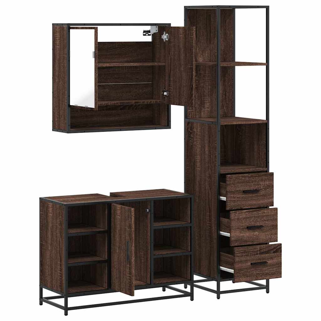 3 Piece Bathroom Furniture Set Brown Oak Engineered Wood