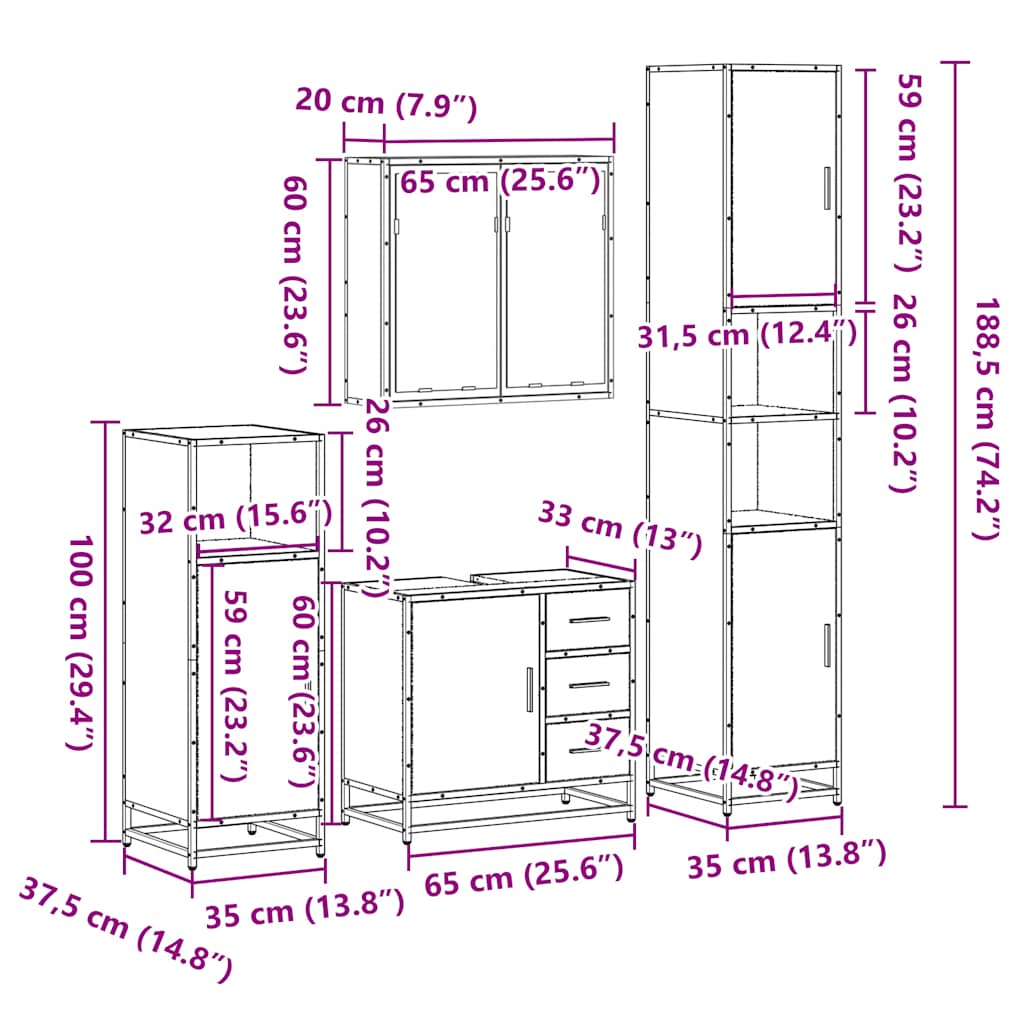 4 Piece Bathroom Furniture Set Grey Sonoma Engineered Wood