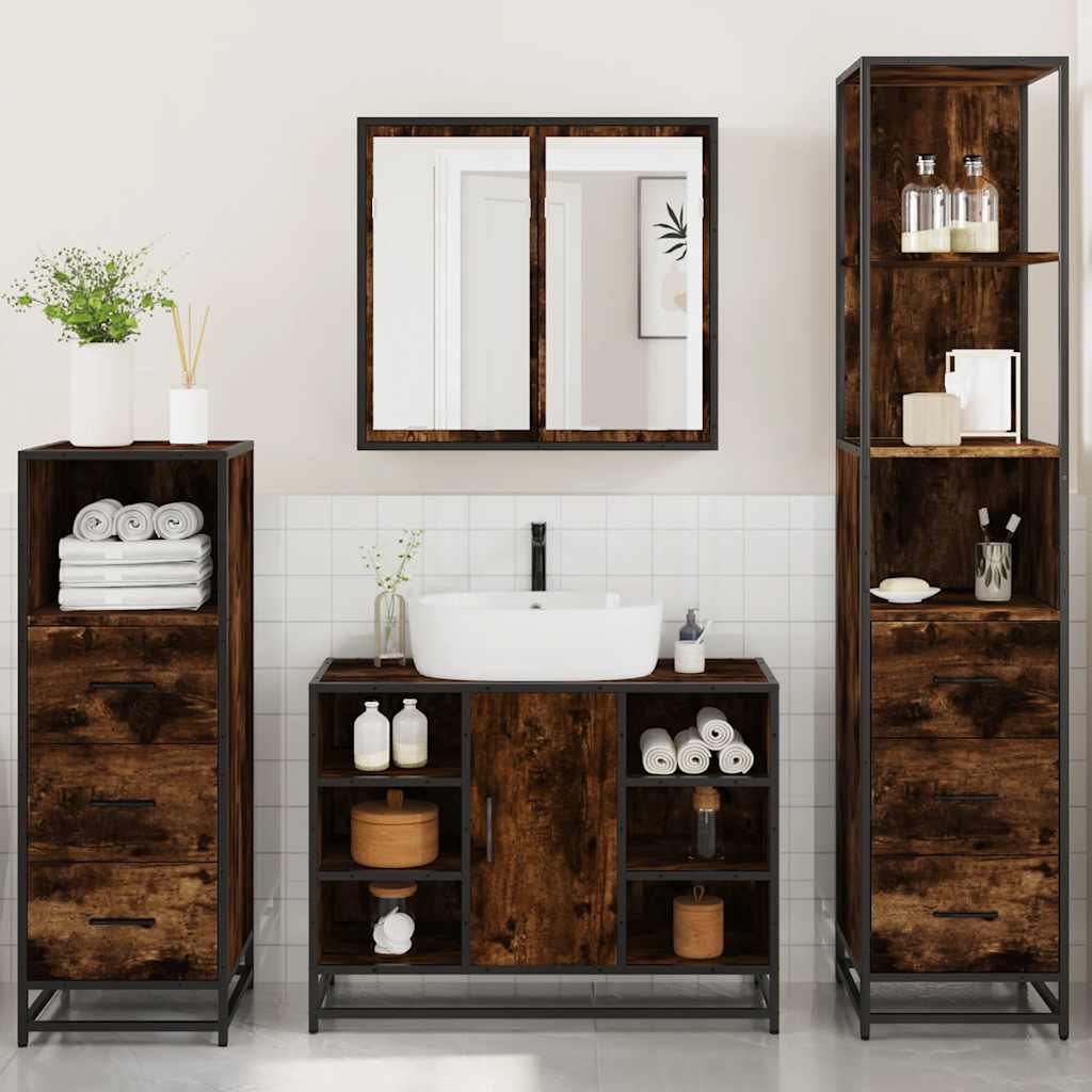 4 Piece Bathroom Furniture Set Smoked Oak Engineered Wood