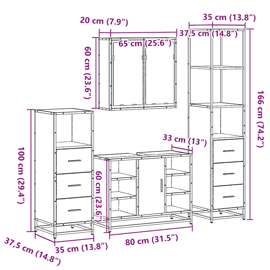 4 Piece Bathroom Furniture Set Smoked Oak Engineered Wood
