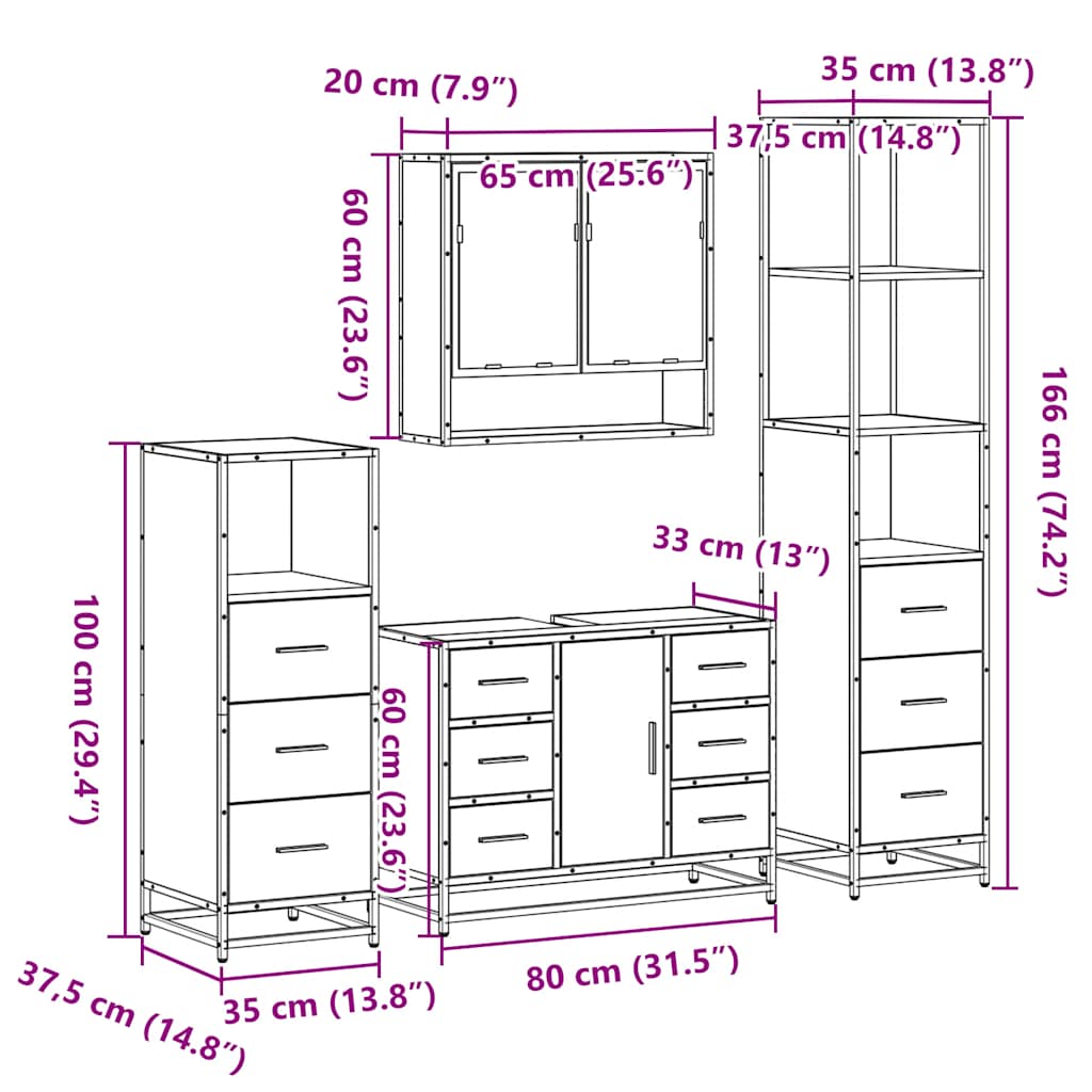4 Piece Bathroom Furniture Set Brown Oak Engineered Wood