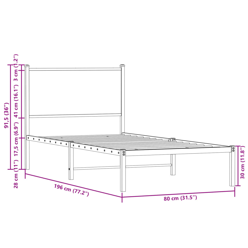 Metal Bed Frame without Mattress Brown Oak 75x190 cm Small Single