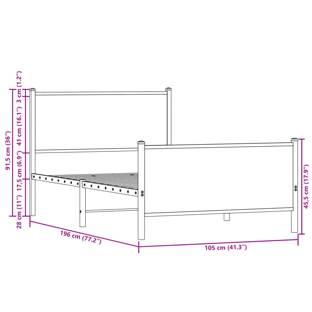 Metal Bed Frame without Mattress Brown Oak 100x190 cm