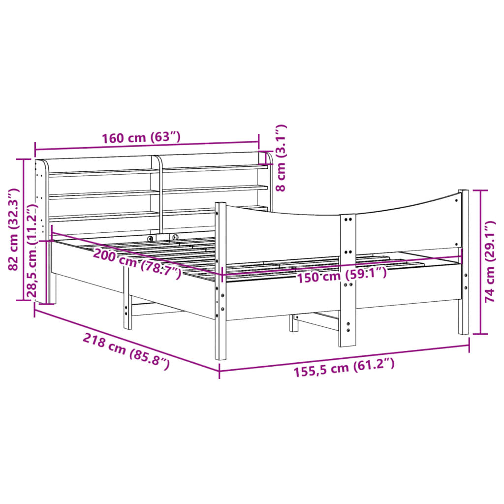 Bed Frame with Headboard White 150x200 cm King Size Solid Wood Pine