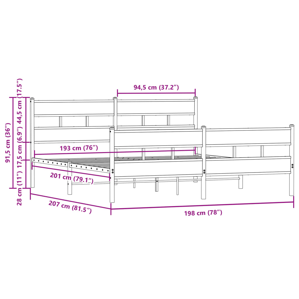 Metal Bed Frame without Mattress Brown Oak 193x203 cm