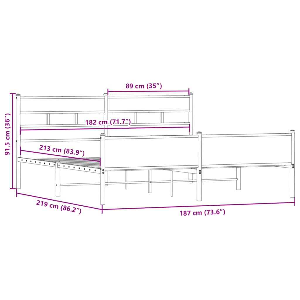 Metal Bed Frame without Mattress Smoked Oak 183x213 cm
