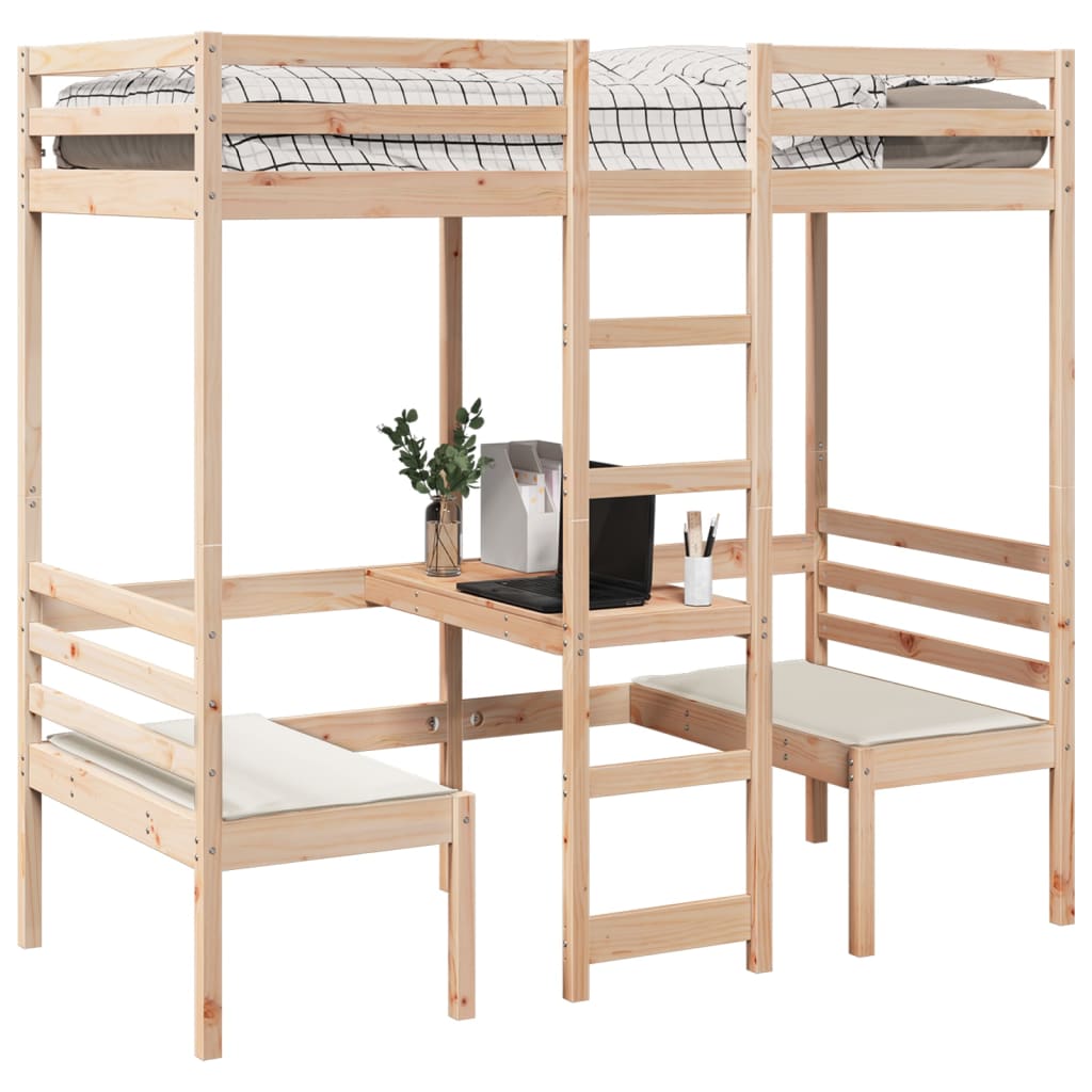 Loft Bed Frame with Desk and Chairs 75x190cm Solid Wood Pine