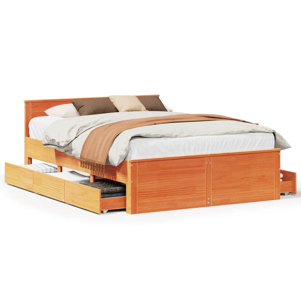 Bed Frame without Mattress with Headboard Wax Brown 150x200 cm King Size Solid Wood Pine