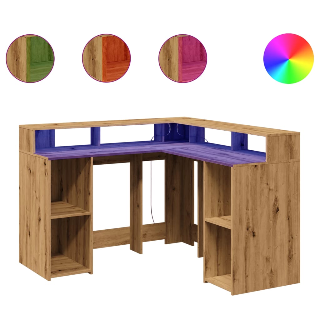 Desk with LED Lights Artisian Oak 130x130x91 cm Engineered Wood