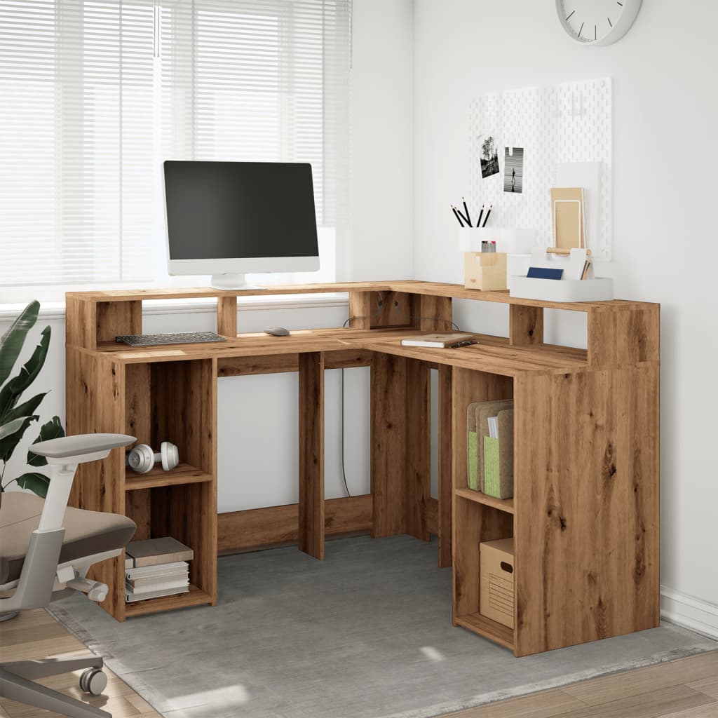 Desk with LED Lights Artisian Oak 130x130x91 cm Engineered Wood