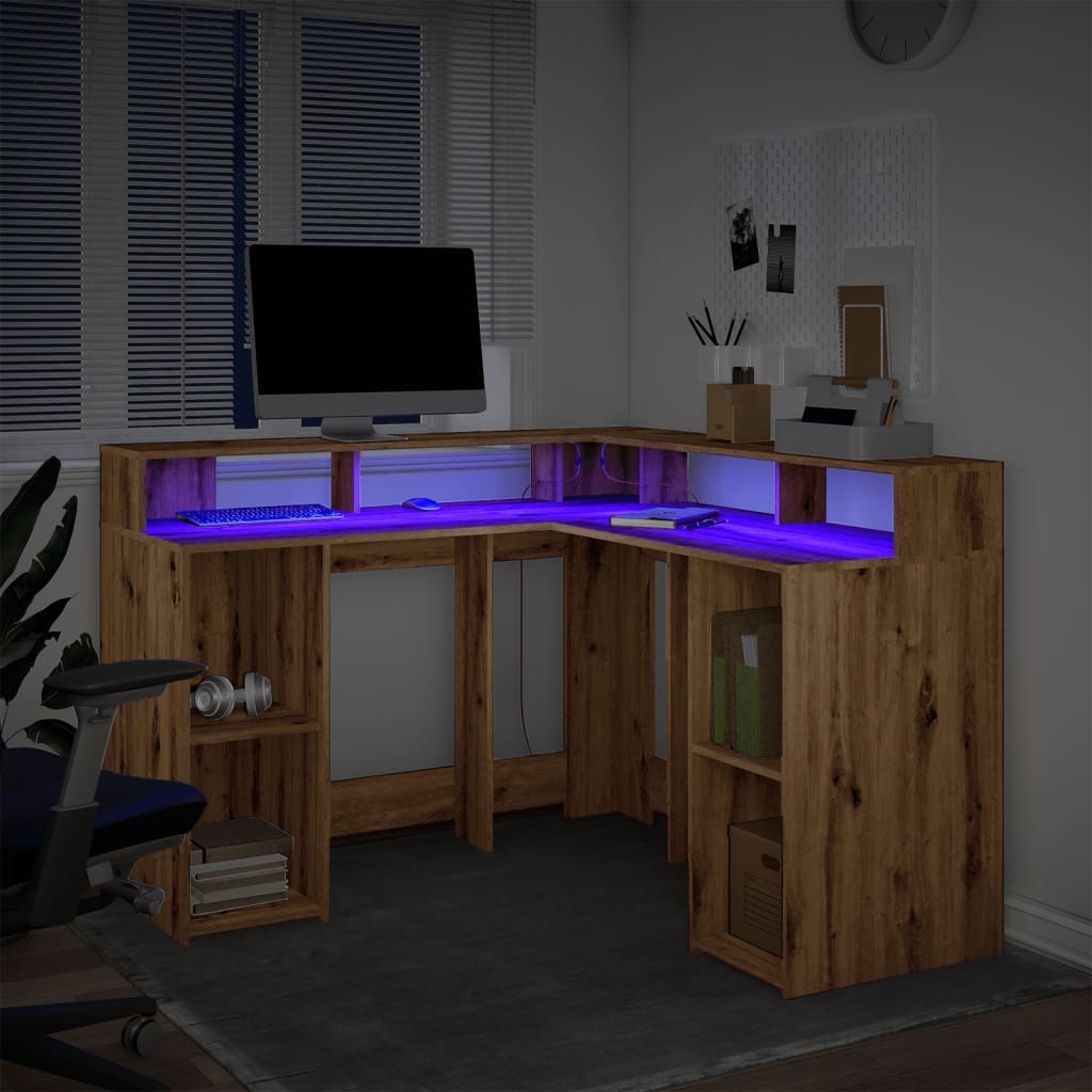 Desk with LED Lights Artisian Oak 130x130x91 cm Engineered Wood