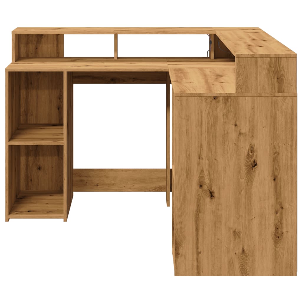 Desk with LED Lights Artisian Oak 130x130x91 cm Engineered Wood