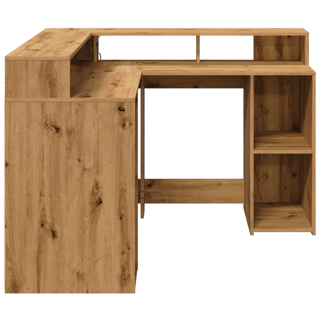 Desk with LED Lights Artisian Oak 130x130x91 cm Engineered Wood