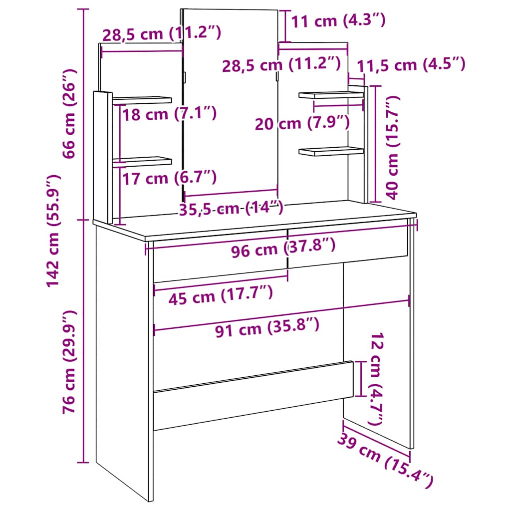 Dressing Table with Mirror Old Wood 96x39x142 cm