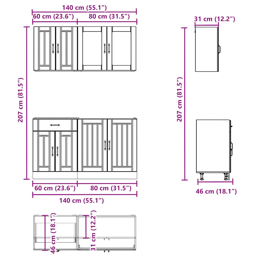 4 Piece Kitchen Cabinet Set Lucca Brown Oak Engineered Wood