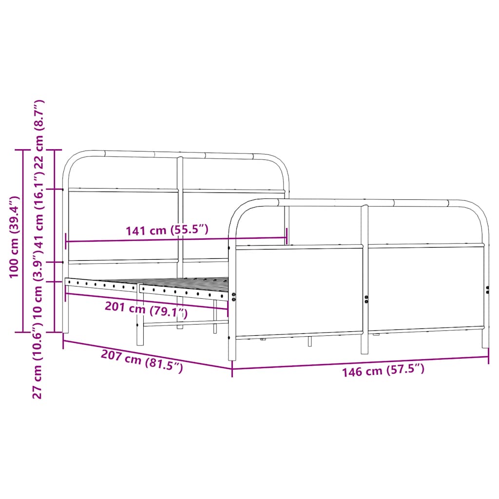 Metal Bed Frame without Mattress Brown Oak 140x200 cm