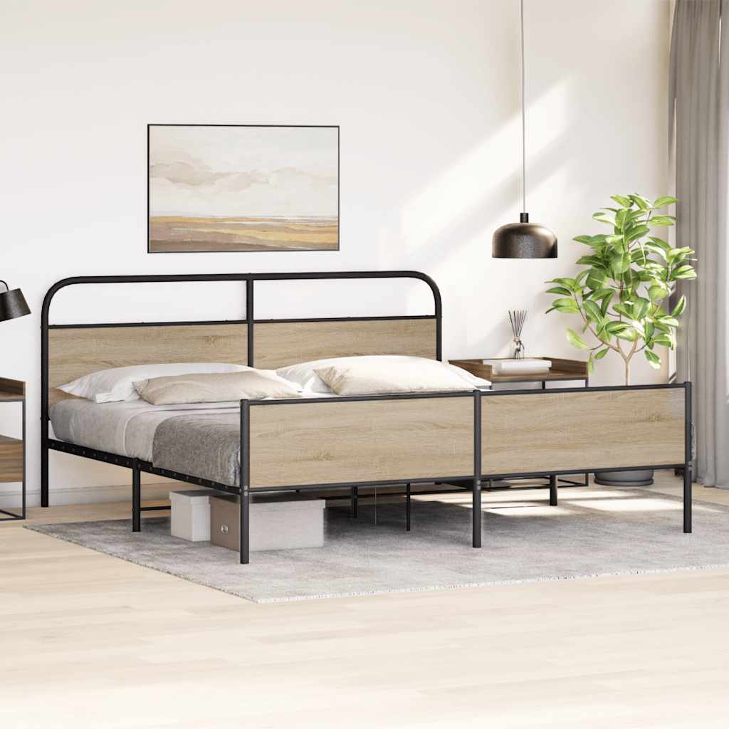 Metal Bed Frame without Mattress Smoked Oak 150x200 cm King Size