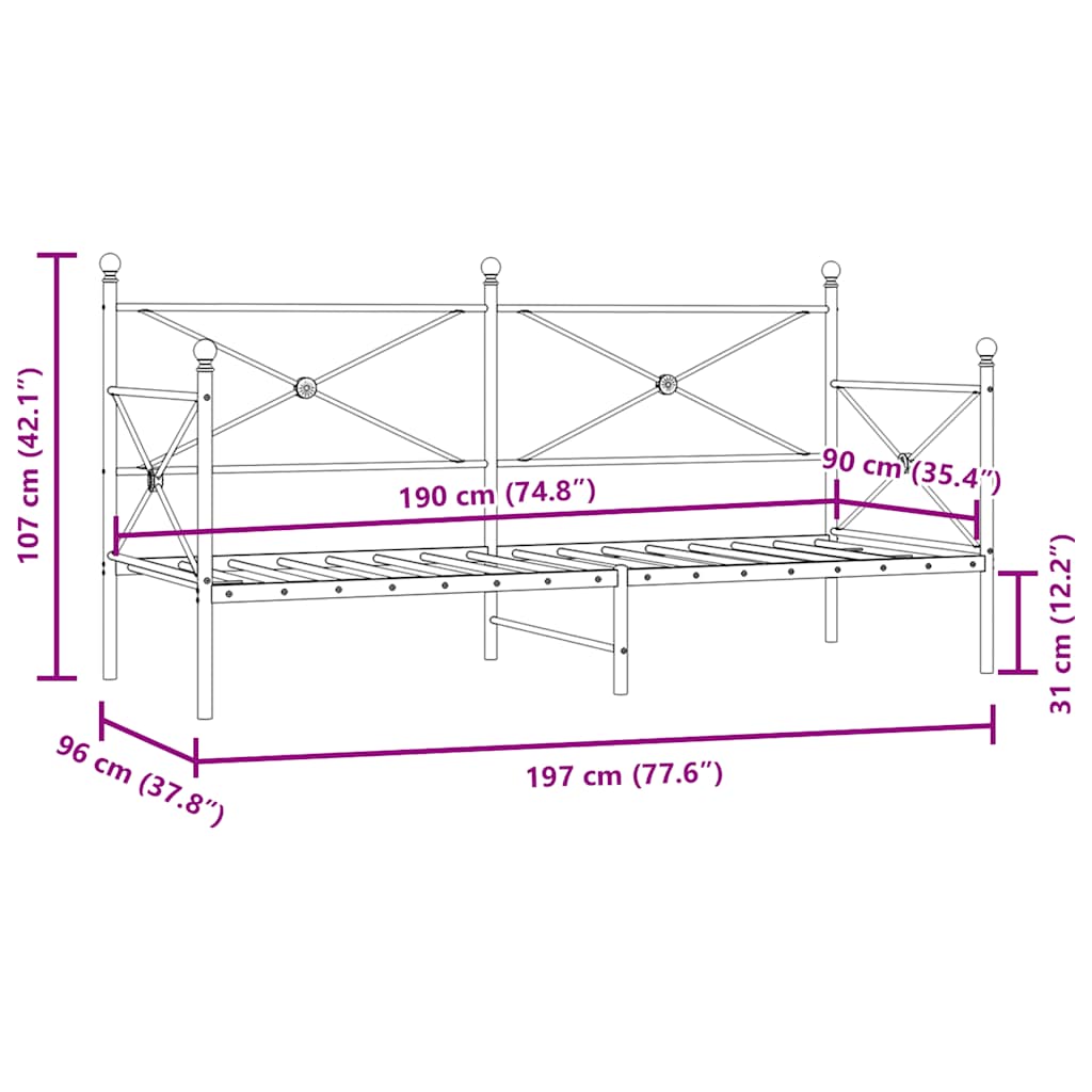 Day Bed without Mattress Black 90x190 cm Steel