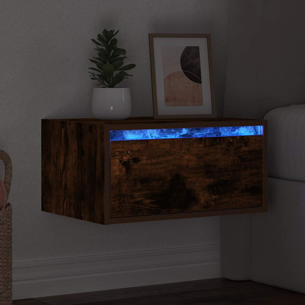 Wall-mounted Bedside Cabinet with LED Lights Smoked Oak