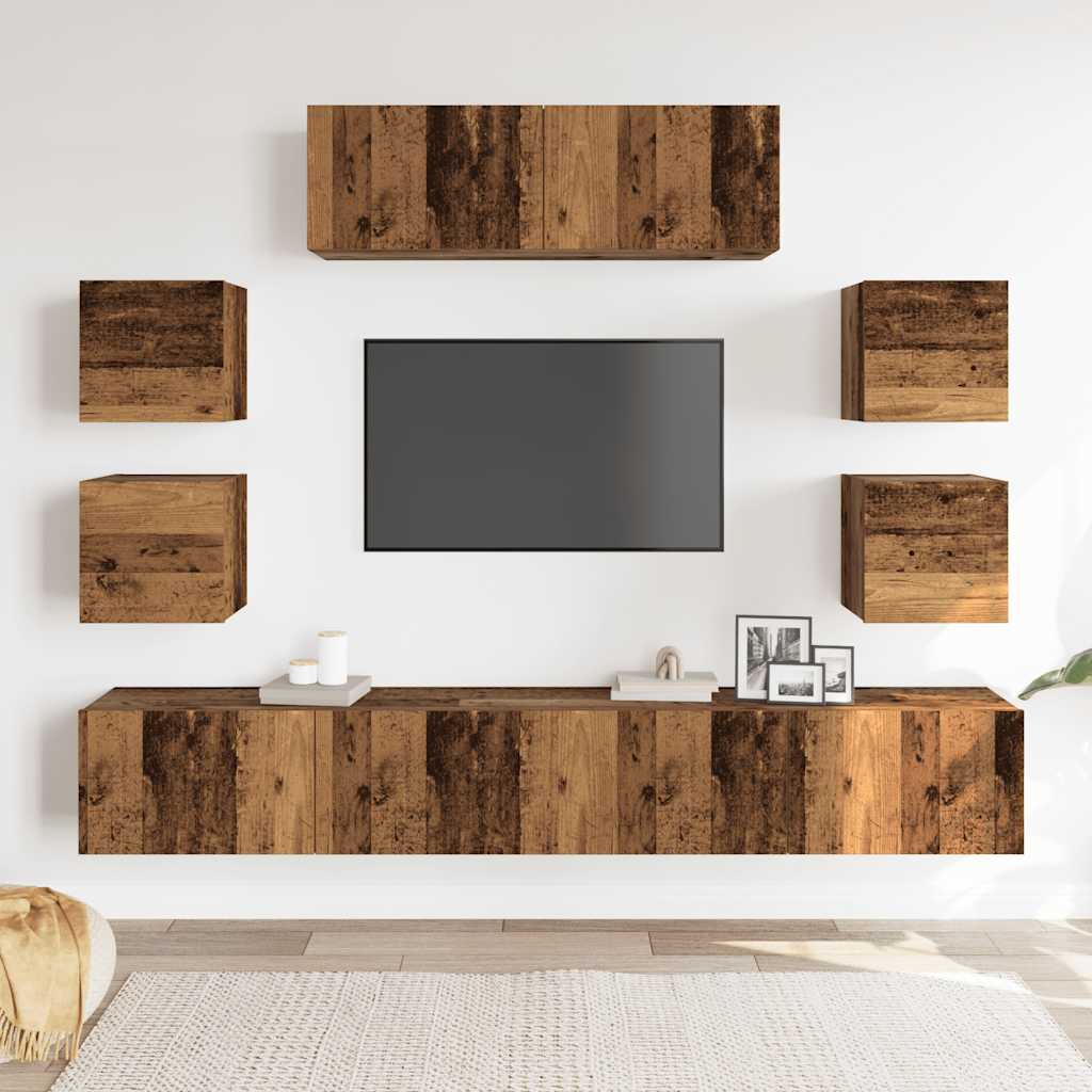 7 Piece TV Cabinet Set Wall-mounted Old Wood Engineered Wood