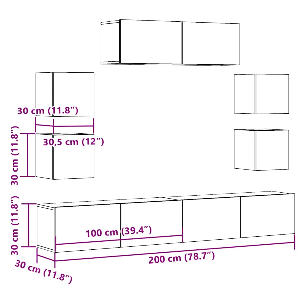 7 Piece TV Cabinet Set Wall-mounted Old Wood Engineered Wood