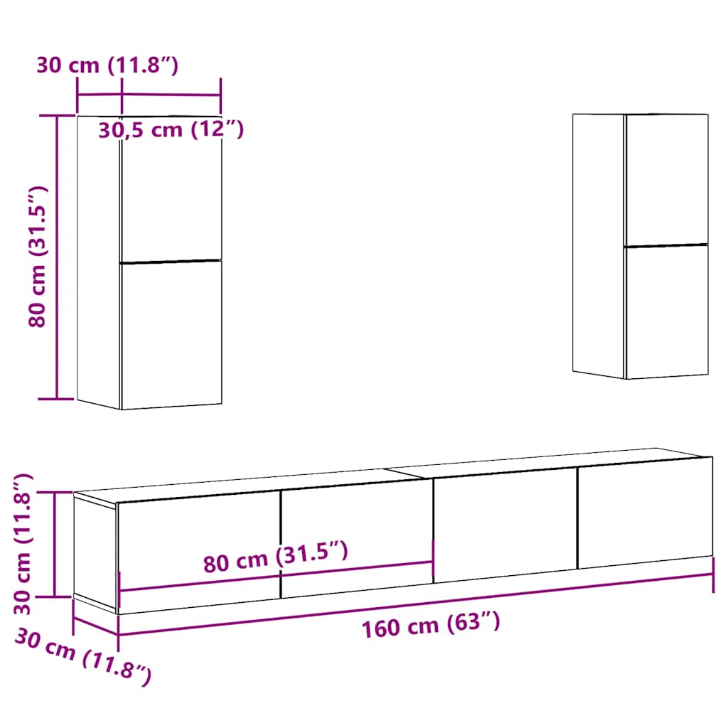 4 Piece TV Cabinet Set Wall-mounted Old Wood Engineered Wood