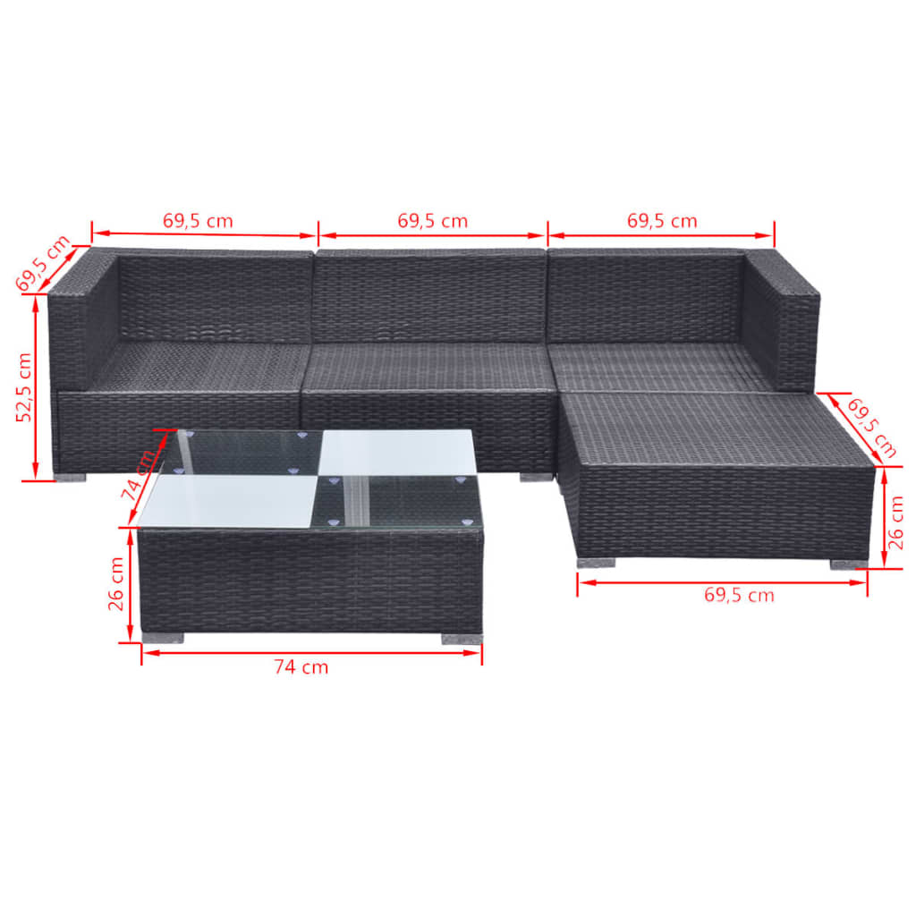 5 Piece Garden Lounge Set with Cushions Poly Rattan Black