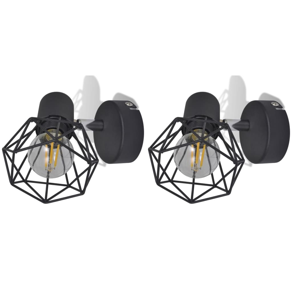 2 Black Industrial Style Wire Frame Wall Sconce with LED Filament Bulb
