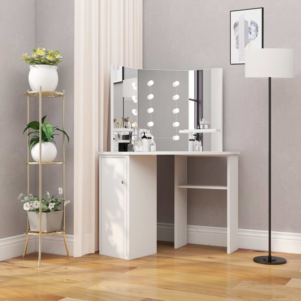 vidaXL Corner Dressing Table Make-up Table with LED Light White