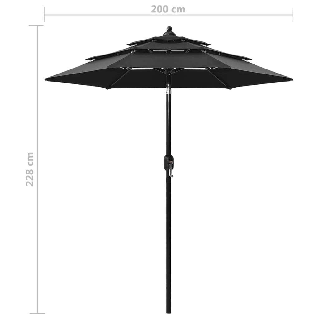 3-Tier Garden Parasol with Aluminium Pole Black 2 m