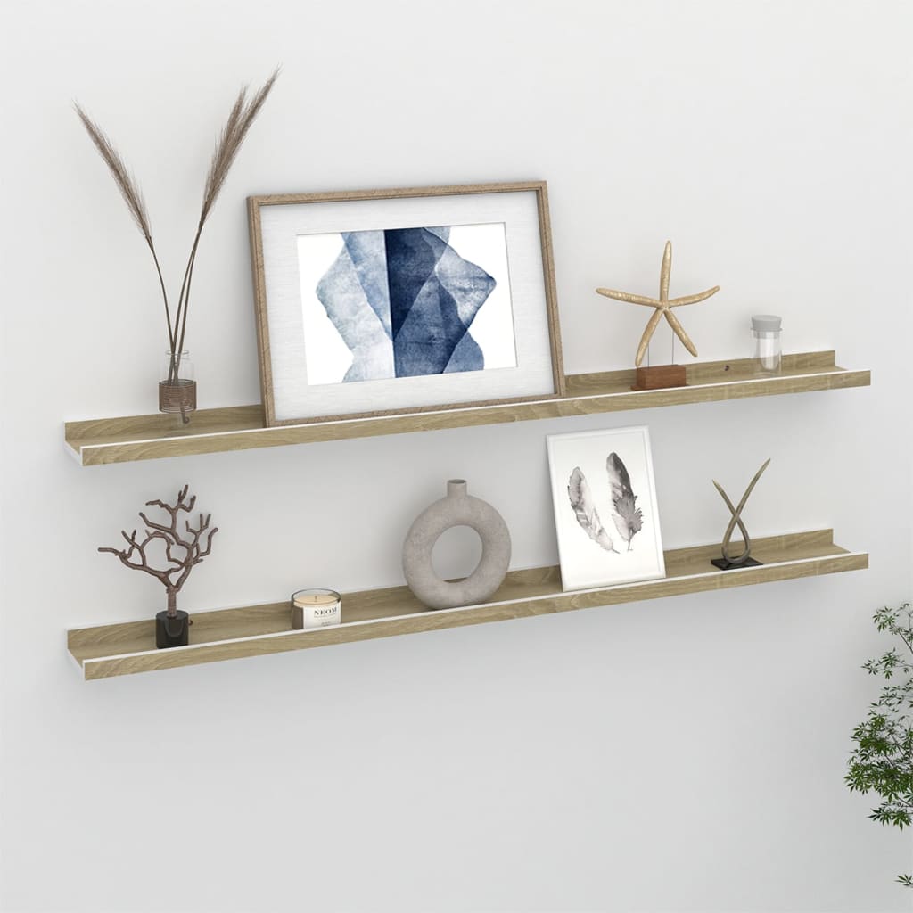 Wall Shelves 2 pcs White and Sonoma Oak 100x9x3 cm