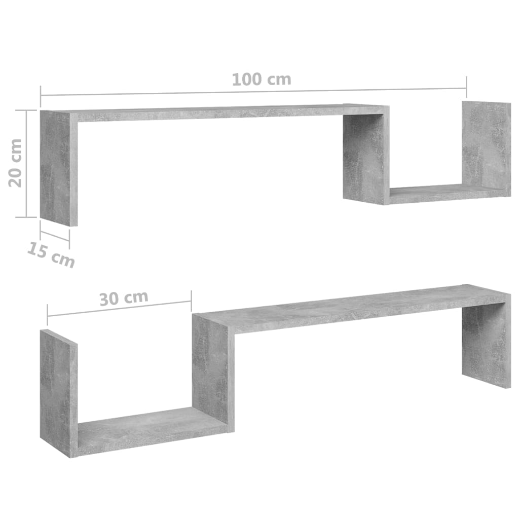 Wall Shelf 2 pcs Concrete Grey 100x15x20 cm Engineered Wood