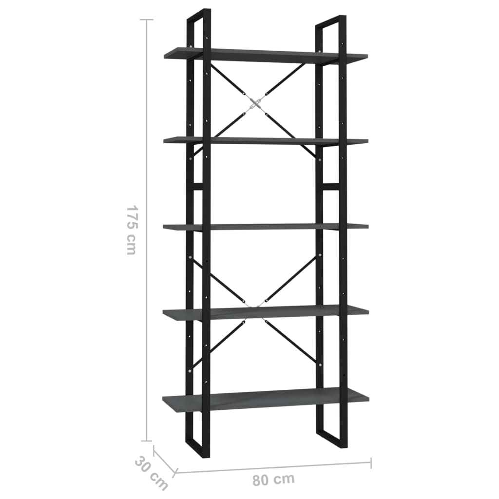 5-Tier Book Cabinet Grey 80x30x175 cm Engineered Wood