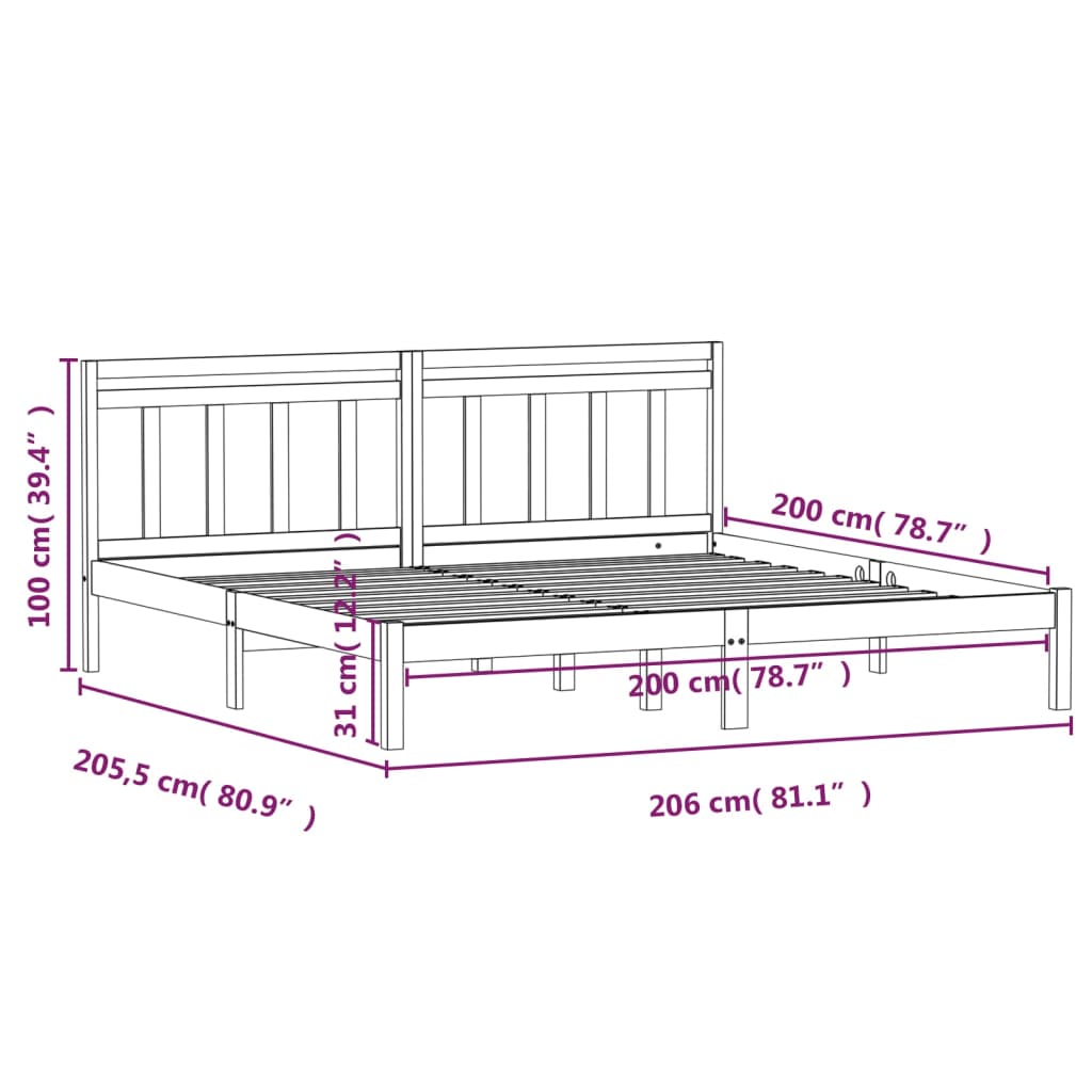 3100611 vidaXL Bed Frame without Mattress Grey Solid Wood 200x200 cm (810039+814116)